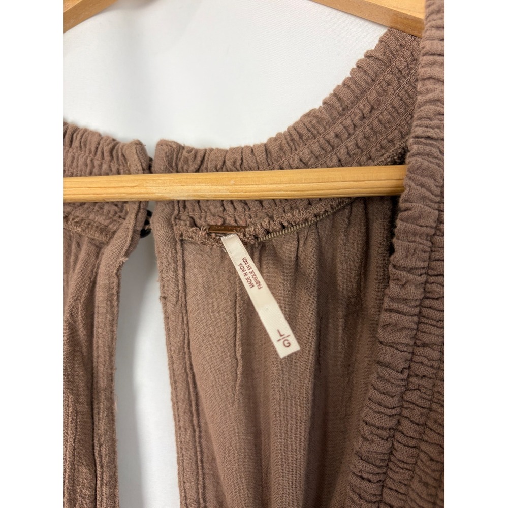 Free People 100 Degree Mini Dress Mocha Brown Smocked V-Neck Gauze Boho Large - Picture 7 of 11